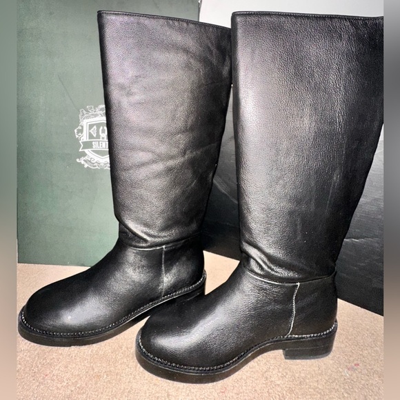 Anthropologie Black Leather Knee High Pull On Leather Boots